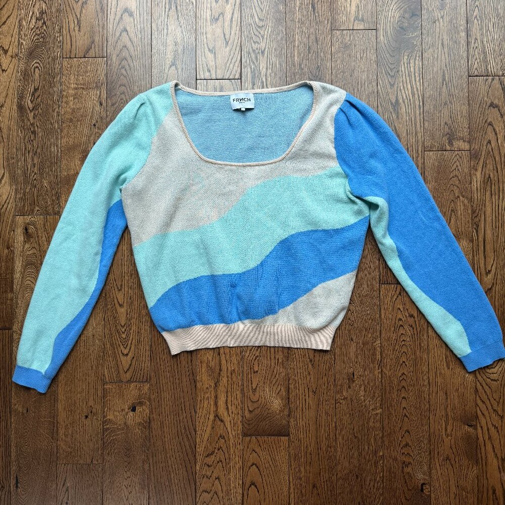 FRNCH Women's Paris Swirl Sweater Square Neck Blue Turquoise Size Large EUC